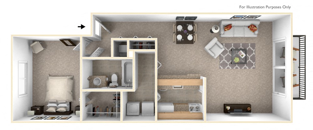 Floor plan for 1 bed, 1 bath, 770 sqft